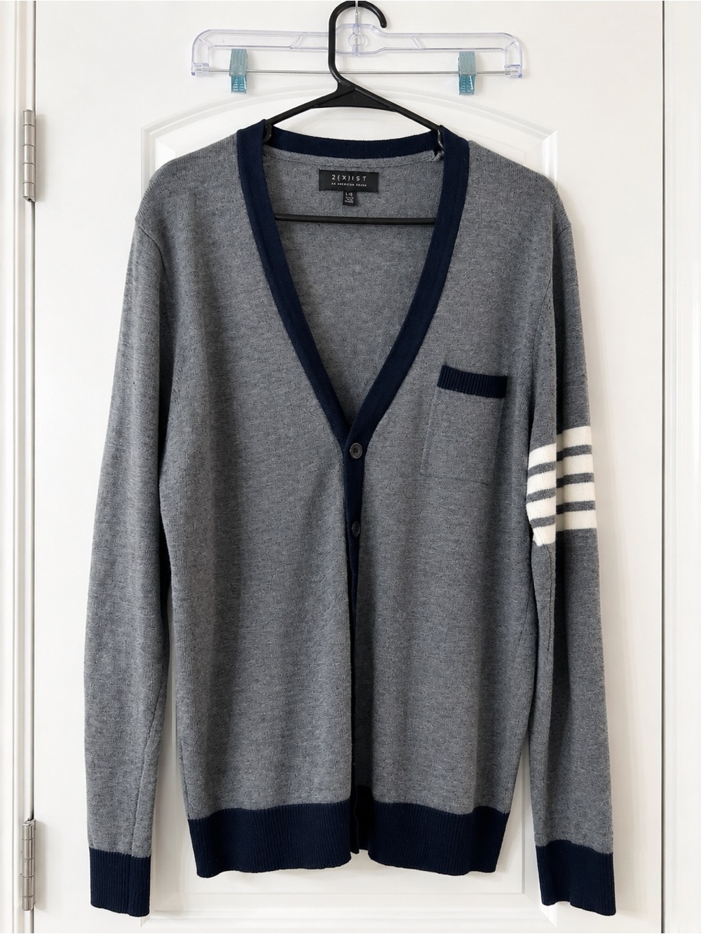2xist Gray Cardigan with Navy Trim and White Sleeve Stripes